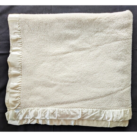 Vintage Cream Colored Acrylic Blanket with Satin Trim On All Sides - Made in USA